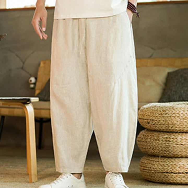 Buddha Stones Casual Retro Solid Color Simple Design Drawstring Men's Elastic Waistband Harem Pants With Pockets - image 7