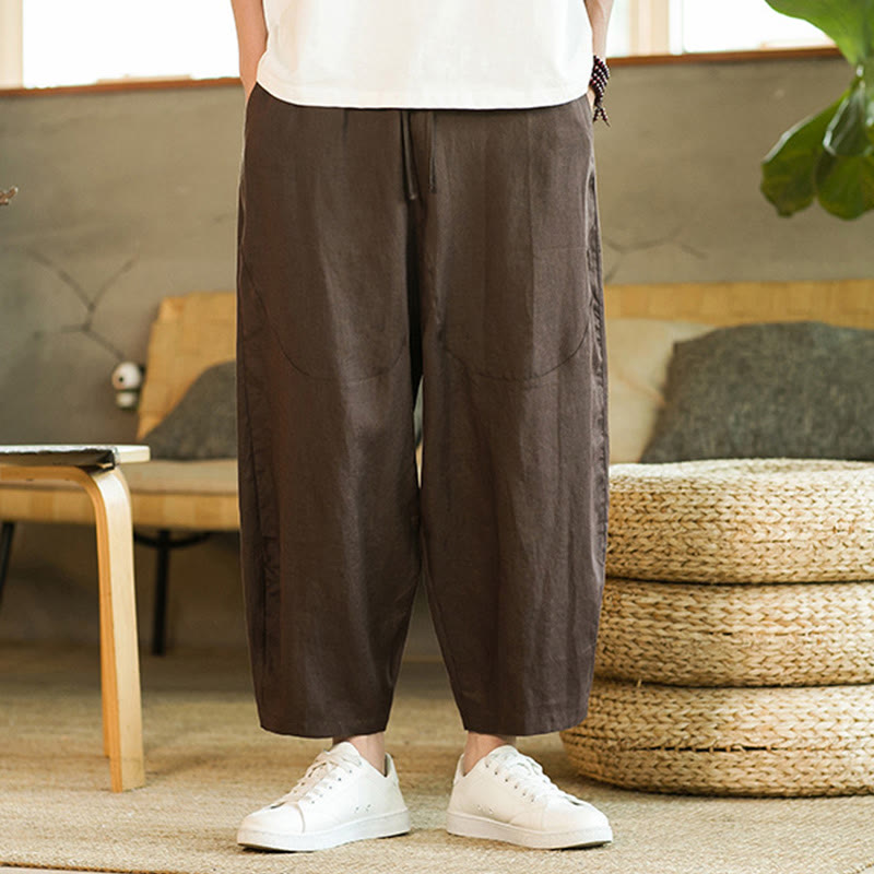 Buddha Stones Casual Retro Solid Color Simple Design Drawstring Men's Linen Elastic Waistband Harem Pants With Pockets - image 25