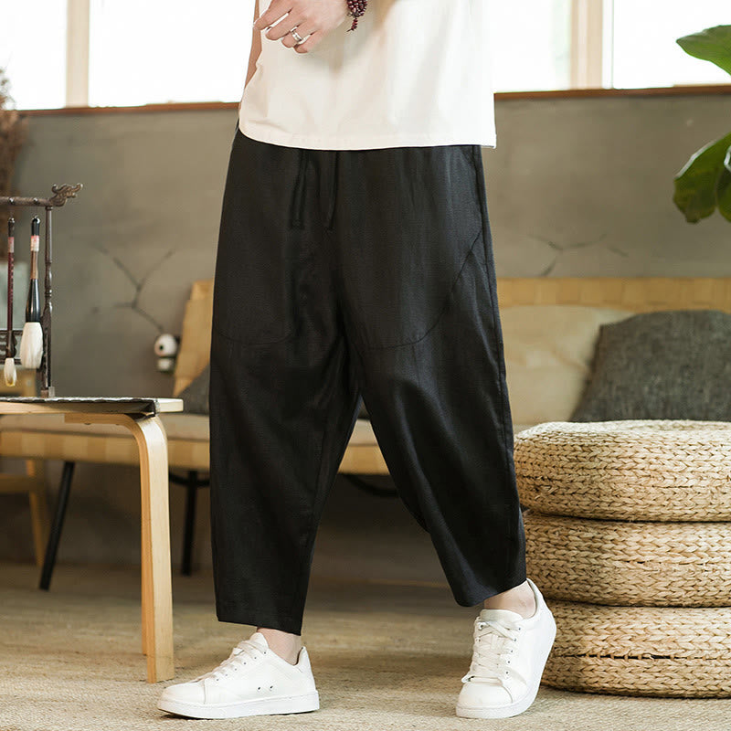 Buddha Stones Casual Retro Solid Color Simple Design Drawstring Men's Linen Elastic Waistband Harem Pants With Pockets - image 10