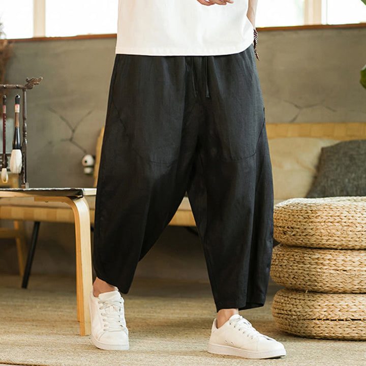 Buddha Stones Casual Retro Solid Color Simple Design Drawstring Men's Elastic Waistband Harem Pants With Pockets - image 16