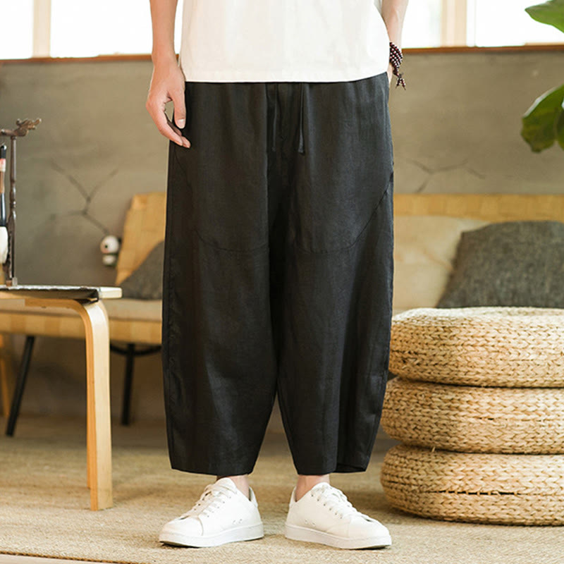 Buddha Stones Casual Retro Solid Color Simple Design Drawstring Men's Linen Elastic Waistband Harem Pants With Pockets - image 13