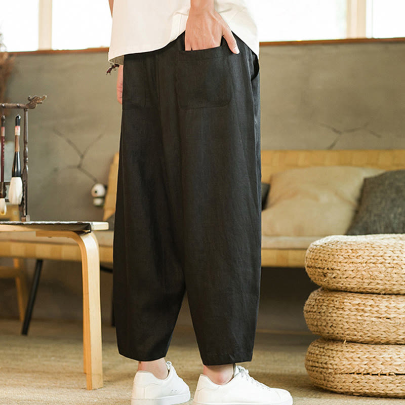 Buddha Stones Casual Retro Solid Color Simple Design Drawstring Men's Elastic Waistband Harem Pants With Pockets - image 14