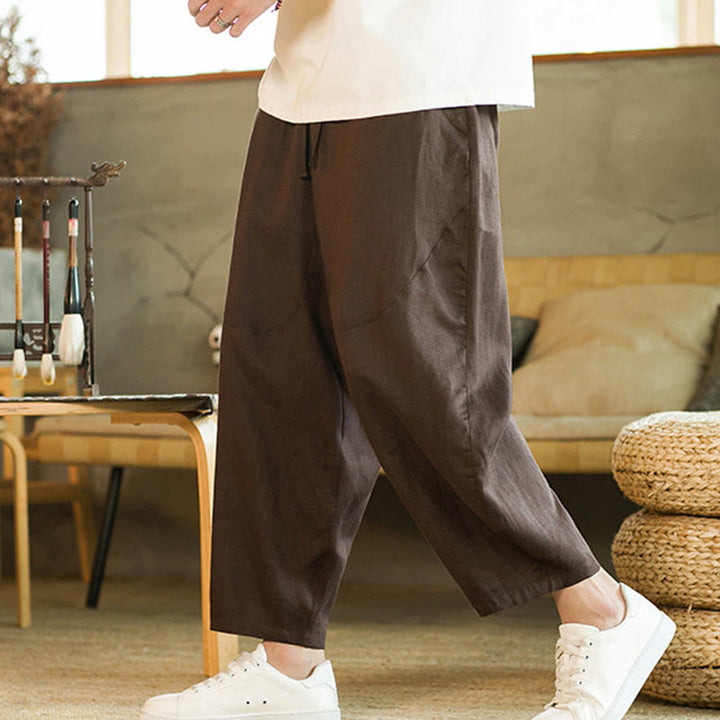 Buddha Stones Casual Retro Solid Color Simple Design Drawstring Men's Linen Elastic Waistband Harem Pants With Pockets - image 22
