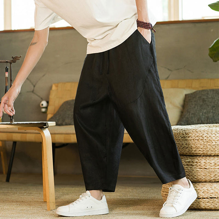 Buddha Stones Casual Retro Solid Color Simple Design Drawstring Men's Linen Elastic Waistband Harem Pants With Pockets - image 11