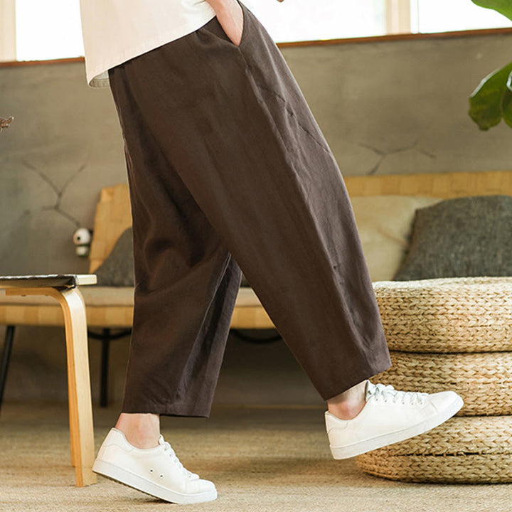 Buddha Stones Casual Retro Solid Color Simple Design Drawstring Men's Linen Elastic Waistband Harem Pants With Pockets - image 28