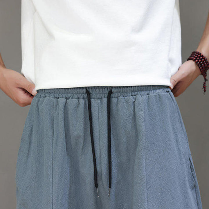 Buddha Stones Casual Plain Low Crotch Design Drawstring Men's Cotton Elastic Waistband Wide Leg Pants With Pockets - image 10