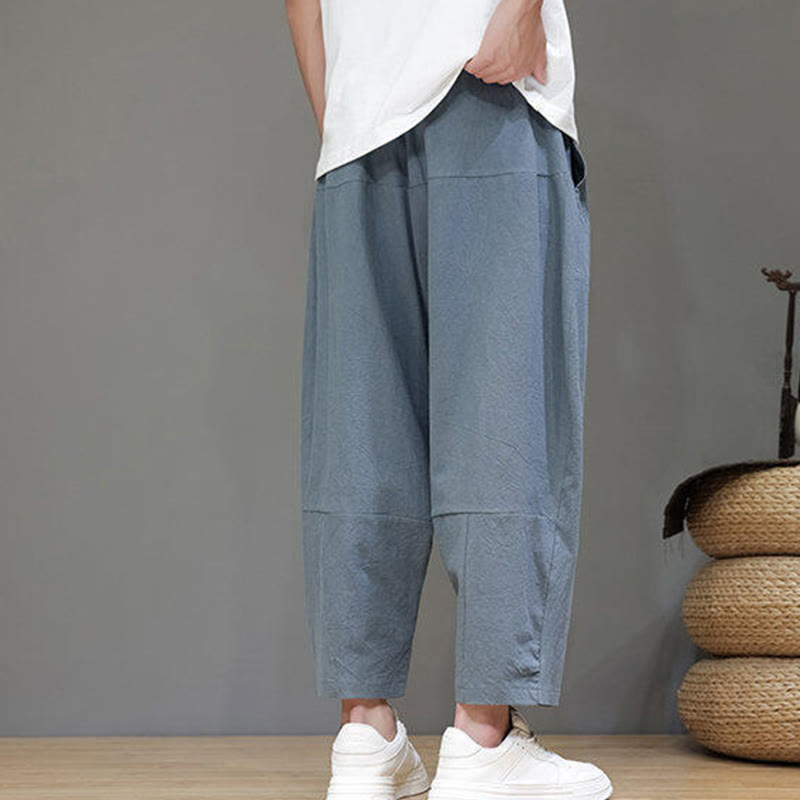 Buddha Stones Casual Plain Low Crotch Design Drawstring Men's Cotton Elastic Waistband Wide Leg Pants With Pockets - image 2