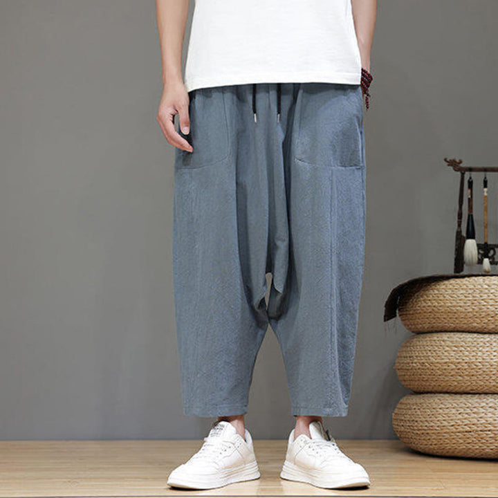 Buddha Stones Casual Plain Low Crotch Design Drawstring Men's Cotton Elastic Waistband Wide Leg Pants With Pockets - image 3