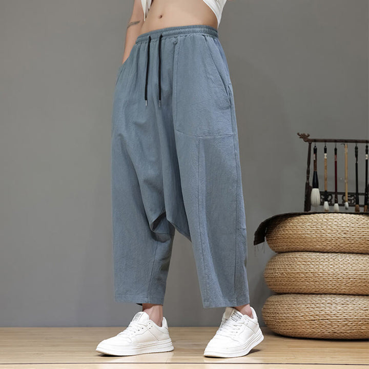 Buddha Stones Casual Plain Low Crotch Design Drawstring Men's Cotton Elastic Waistband Wide Leg Pants With Pockets - image 8