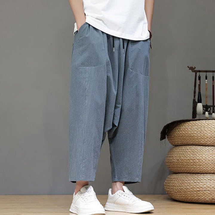 Buddha Stones Casual Plain Low Crotch Design Drawstring Men's Cotton Elastic Waistband Wide Leg Pants With Pockets - image 1