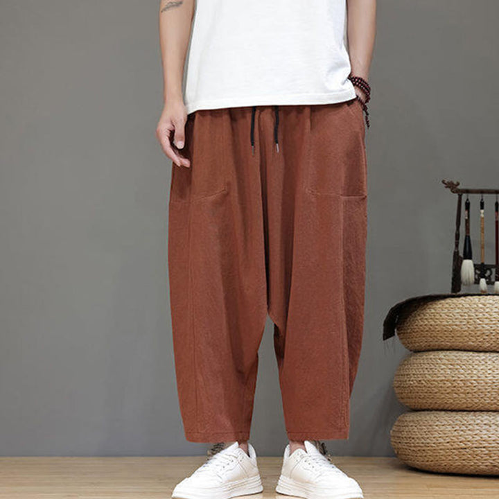 Buddha Stones Casual Plain Low Crotch Design Drawstring Men's Cotton Elastic Waistband Wide Leg Pants With Pockets - Chocolate - US/UK/AU46，EU56 (5XL) - image 22