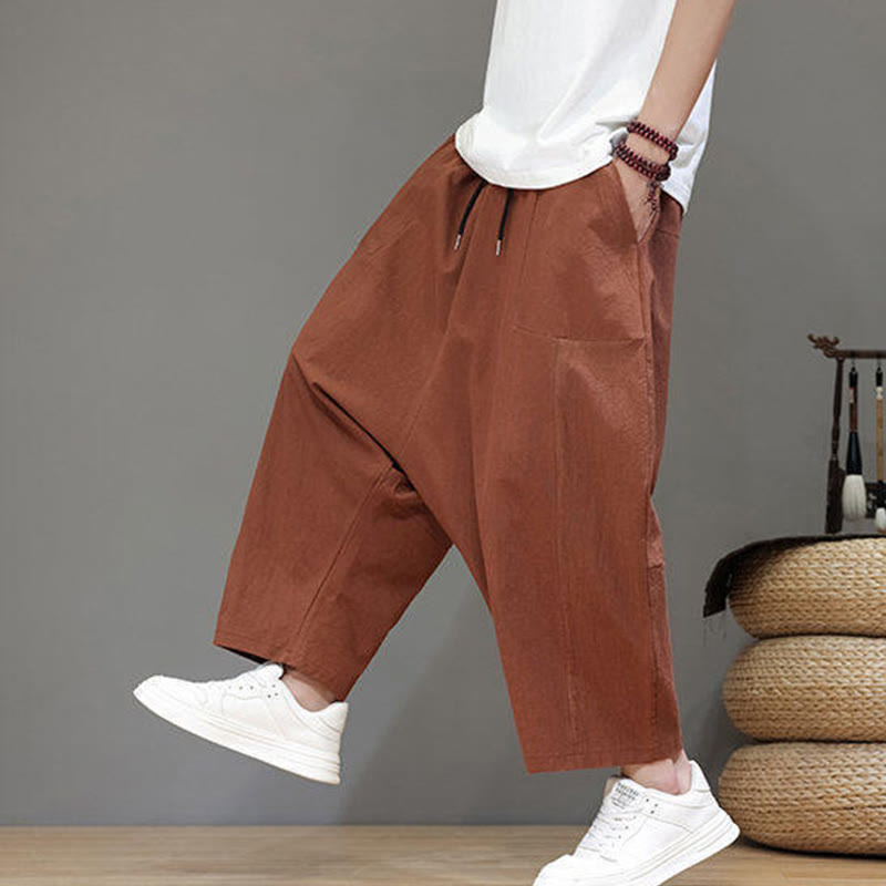 Buddha Stones Casual Plain Low Crotch Design Drawstring Men's Cotton Elastic Waistband Wide Leg Pants With Pockets - image 26