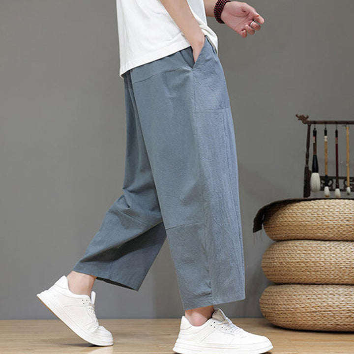Buddha Stones Casual Plain Low Crotch Design Drawstring Men's Cotton Elastic Waistband Wide Leg Pants With Pockets - image 7