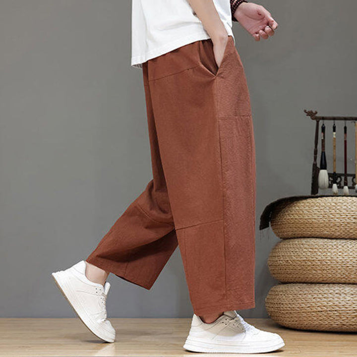Buddha Stones Casual Plain Low Crotch Design Drawstring Men's Cotton Elastic Waistband Wide Leg Pants With Pockets - image 28
