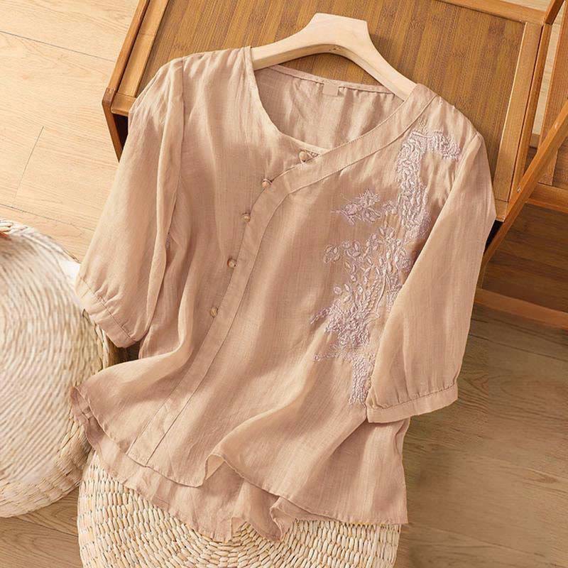 Buddha Stones Casual Loose Flower Embroidery Frog Button Short Sleeve Cotton Linen Women's Shirt