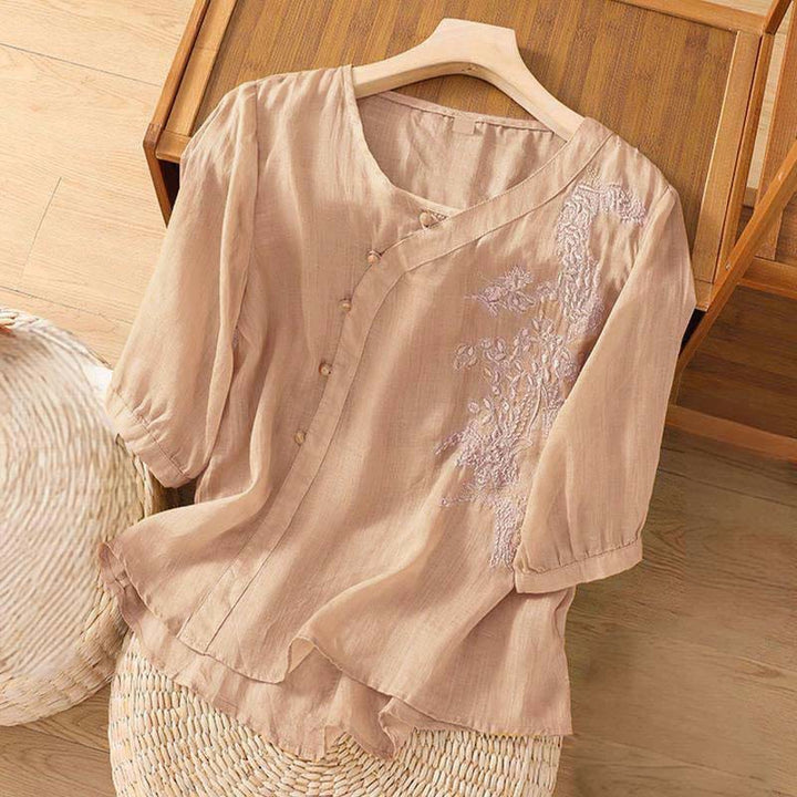 Buddha Stones Casual Loose Flower Embroidery Frog Button Short Sleeve Cotton Linen Women's Shirt