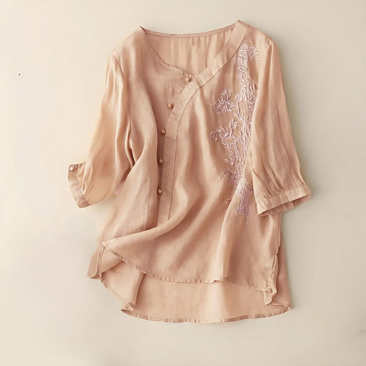 Buddha Stones Casual Loose Flower Embroidery Frog Button Short Sleeve Women's Shirt - Goldenrod - US14，UK/AU18，EU46 (4XL) - image 6