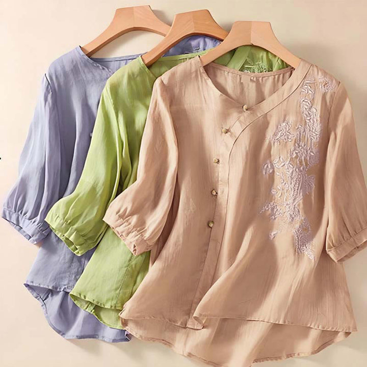 Buddha Stones Casual Loose Flower Embroidery Frog Button Short Sleeve Cotton Linen Women's Shirt