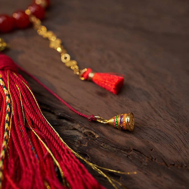 Buddha Stones 18 Beads Copper Coins Tibet Tassel Red Agate Calm Wrist Mala - image 5