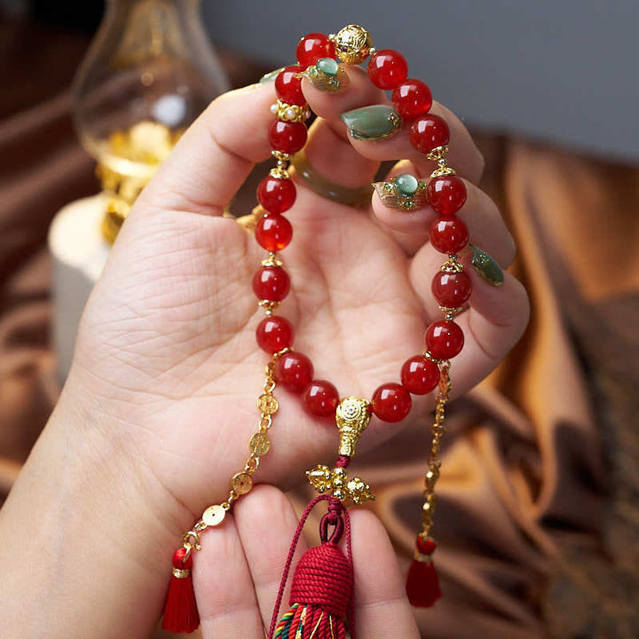 Buddha Stones 18 Beads Copper Coins Tibet Tassel Red Agate Calm Wrist Mala - image 4