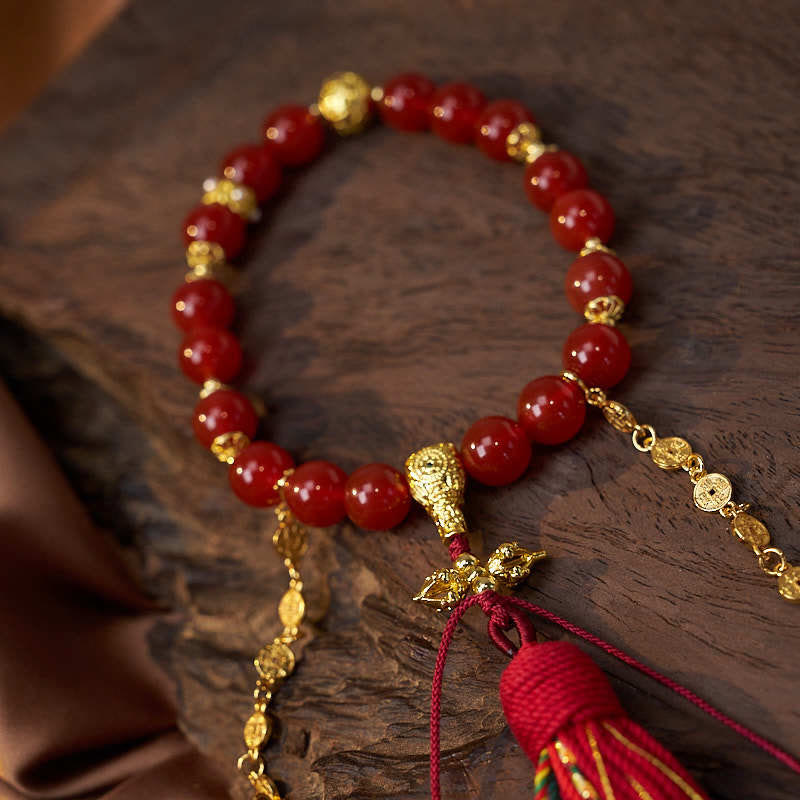 Buddha Stones 18 Beads Copper Coins Tibet Tassel Red Agate Calm Wrist Mala - image 1