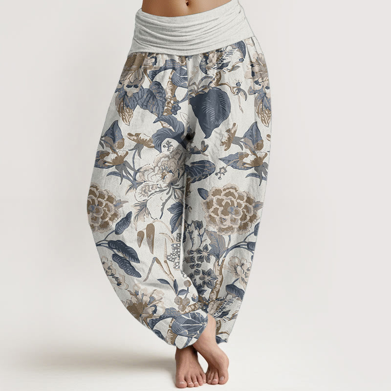 Buddha Stones Pure Cotton Lotus Leaf Peony Pattern Women's Elastic Waist Harem Pants - Ivory - US22，UK/AU26，EU54 (6XL) - image 1