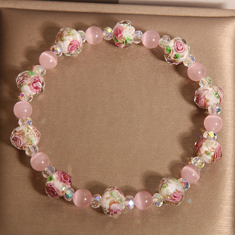 Buddha Stones Pink Crystal Liuli Glass Bead Cat's Eye Warmth Bracelet - image 3