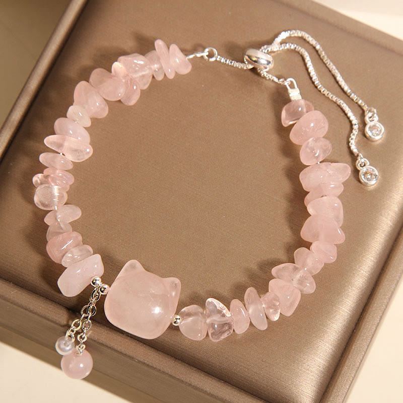 Buddha Stones Natural Pink Crystal Agate Gravel Stone Cat Head Soothing Bracelet - image 2