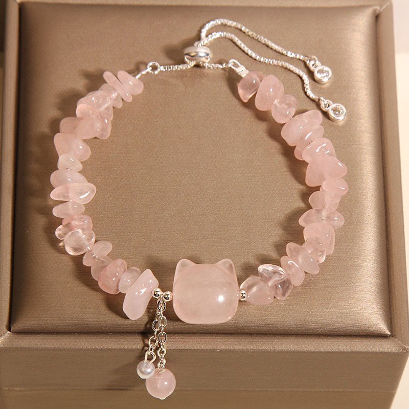 Buddha Stones Natural Pink Crystal Agate Gravel Stone Cat Head Soothing Bracelet - Pink Crystal(Wrist Circumference 14-16cm) - image 1