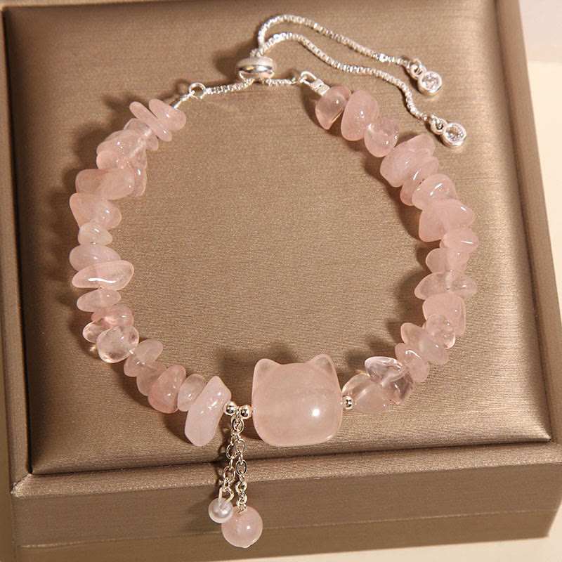 Buddha Stones Natural Pink Crystal Agate Gravel Stone Cat Head Soothing Bracelet - image 4