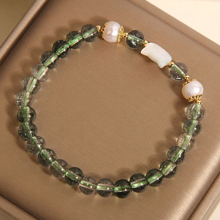 Buddha Stones Natural Green Phantom Pearl Shell Cat Head Lucky Bracelet - image 3