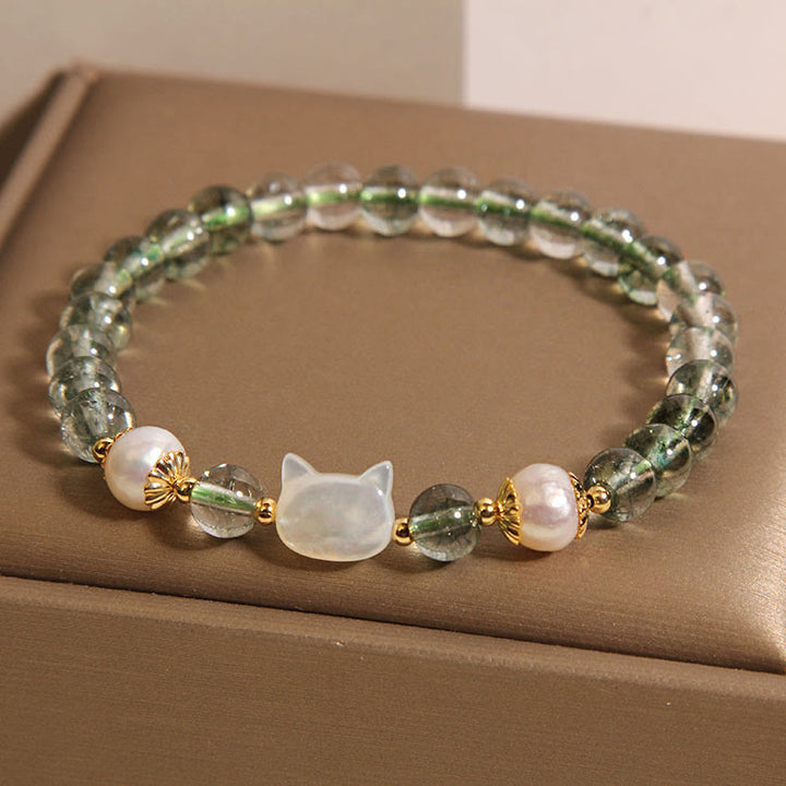 Buddha Stones Natural Green Phantom Pearl Shell Cat Head Lucky Bracelet - image 6
