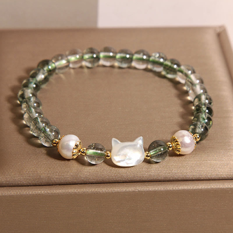 Buddha Stones Natural Green Phantom Pearl Shell Cat Head Lucky Bracelet - image 5
