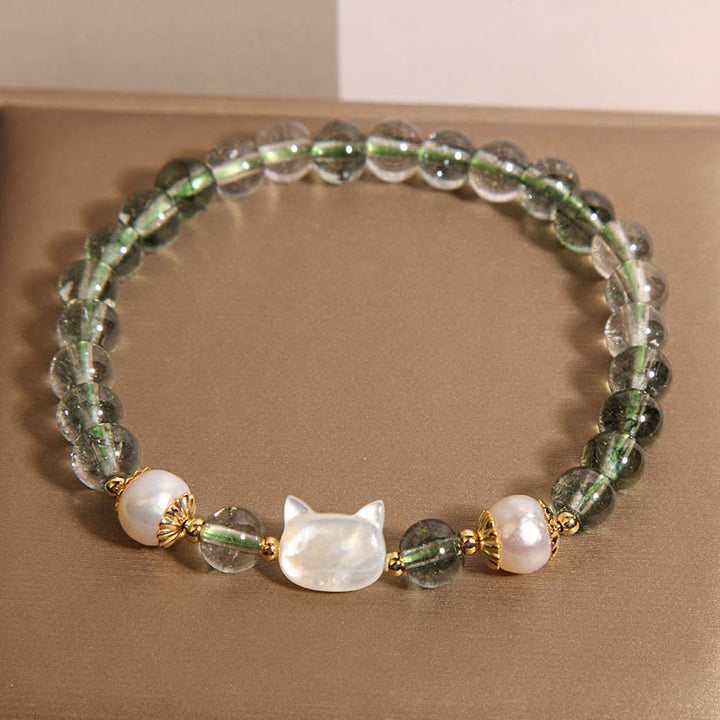Buddha Stones Natural Green Phantom Pearl Shell Cat Head Lucky Bracelet - image 4