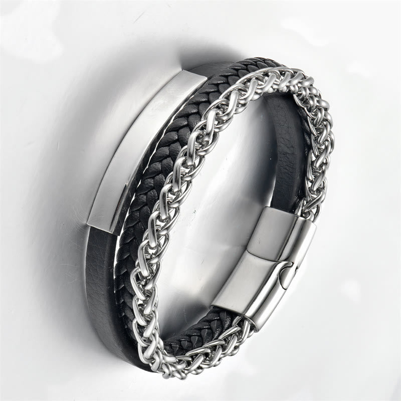 Buddha Stones Woven Pattern Titanium Steel Stimulation Multi-layer Leather Buckle Bracelet