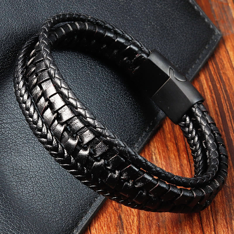 Buddha Stones Simple Braided Pattern Titanium Steel Strengthen Multi-layer Leather Buckle Bracelet