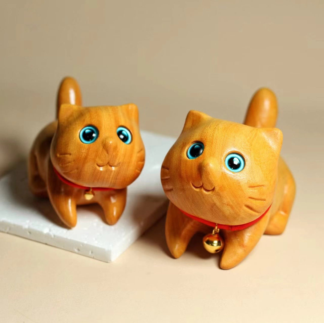 Buddha Stones Mini Sandalwood Carved Lucky Confident Cat Healing Decoration - image 5