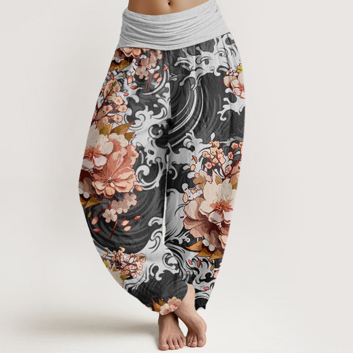 Buddha Stones Casual Wave And Floral Pattern Women's Elastic Waist Harem Pants - DimGray - US22，UK/AU26，EU54 (6XL) - image 0