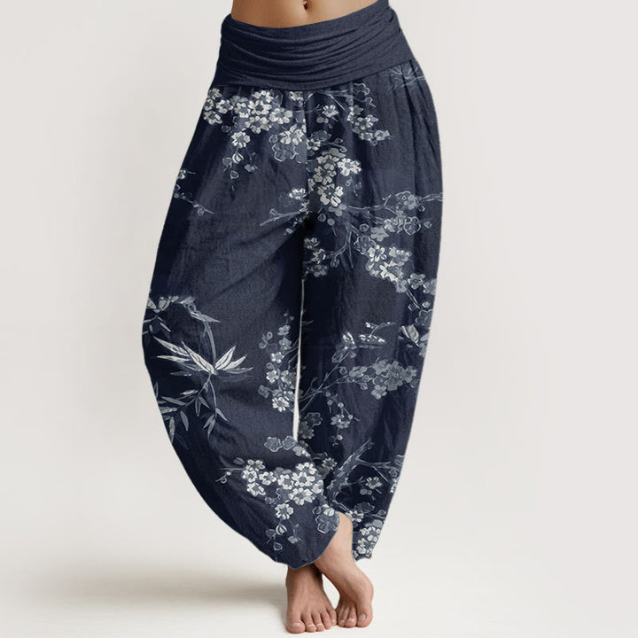 Buddha Stones Pure Cotton White Sakura Flower Pattern Women's Elastic Waist Harem Pants - MidnightBlue - US22，UK/AU26，EU54 (6XL) - image 0