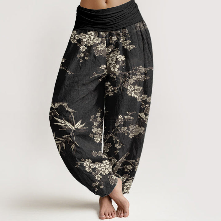 Buddha Stones Pure Cotton White Sakura Flower Pattern Women's Elastic Waist Harem Pants - Black - US22，UK/AU26，EU54 (6XL) - image 9