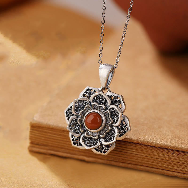 Buddha Stones Tibetan Om Mani Padme Hum Lotus Pattern Red Agate Copper Peave Necklace Pendant - Om Mani Padme Hum & Lotus - image 1