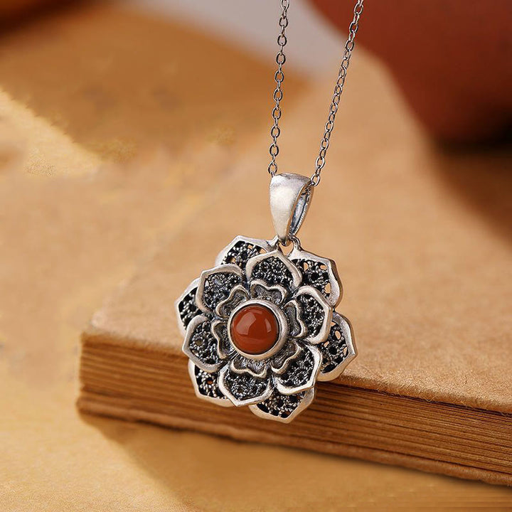Buddha Stones Tibetan Om Mani Padme Hum Lotus Pattern Red Agate Copper Peave Necklace Pendant - Om Mani Padme Hum & Lotus - image 1