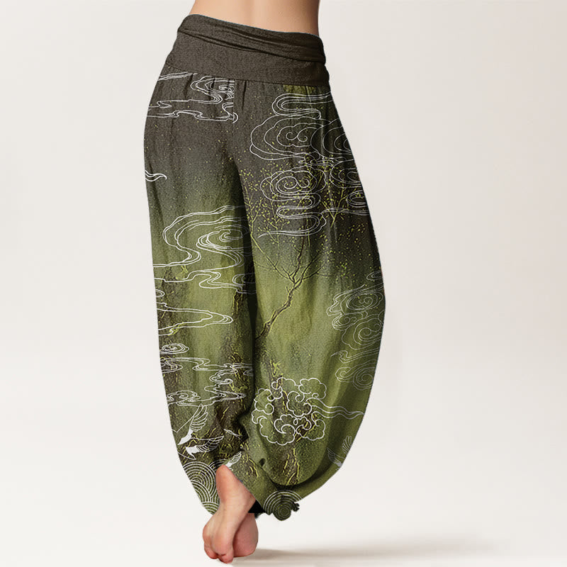Buddha Stones Pure Cotton White Auspicious Clouds Birds Tree Pattern Women's Elastic Waist Harem Pants - image 11