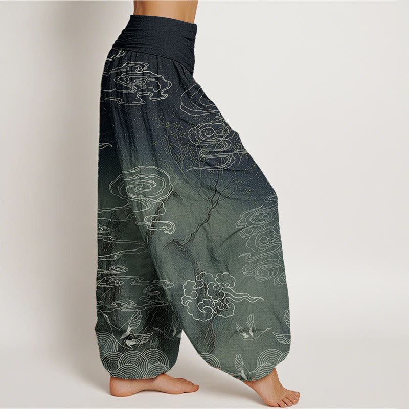 Buddha Stones Pure Cotton White Auspicious Clouds Birds Tree Pattern Women's Elastic Waist Harem Pants - image 7
