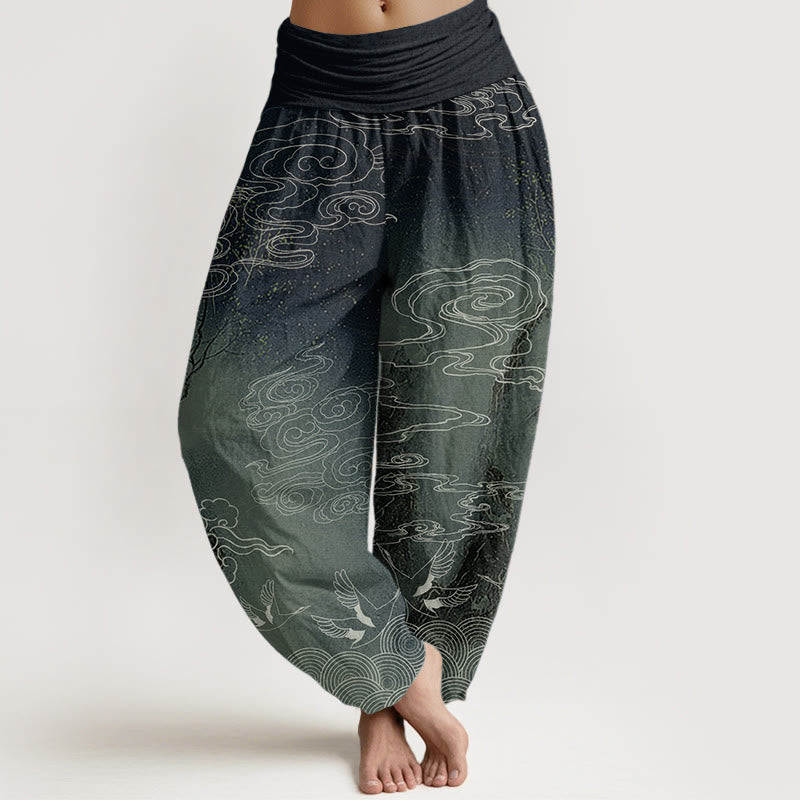 Buddha Stones Pure Cotton White Auspicious Clouds Birds Tree Pattern Women's Elastic Waist Harem Pants - DarkGreen - US22，UK/AU26，EU54 (6XL) - image 6