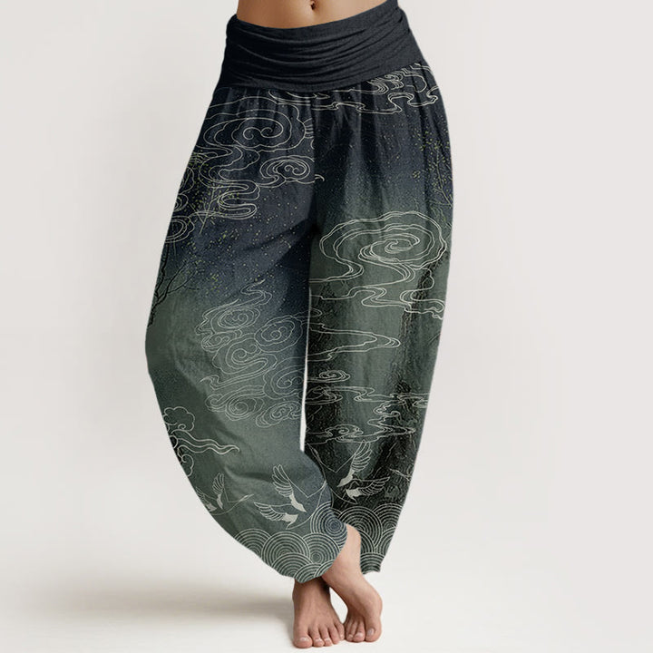 Buddha Stones Pure Cotton White Auspicious Clouds Birds Tree Pattern Women's Elastic Waist Harem Pants - DarkGreen - US22，UK/AU26，EU54 (6XL) - image 6