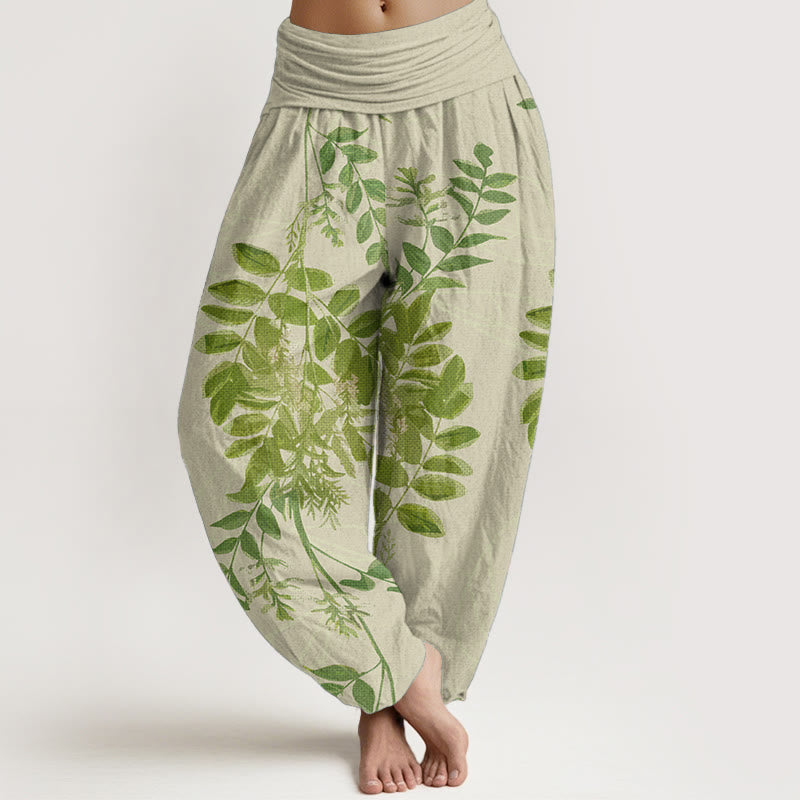 Buddha Stones Pure Cotton Green Leaves Branches Women's Elastic Waist Harem Pants - PaleGoldenrod - US22，UK/AU26，EU54 (6XL) - image 0