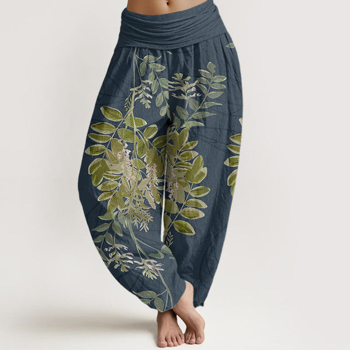 Buddha Stones Pure Cotton Green Leaves Branches Women's Elastic Waist Harem Pants - MidnightBlue - US22，UK/AU26，EU54 (6XL) - image 8