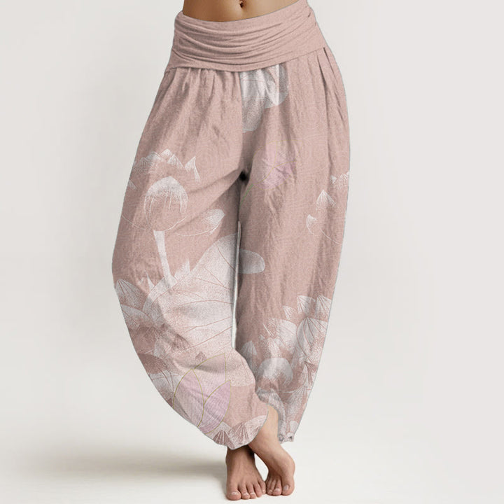 Buddha Stones Pure Cotton Pink And White Lotus Women's Elastic Waist Harem Pants