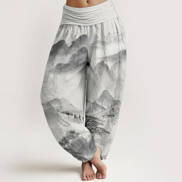 Buddha Stones Pure Cotton Mountains Trees Landscape Ink Painting Women's Elastic Waist Harem Pants - Gray - US22，UK/AU26，EU54 (6XL) - image 0